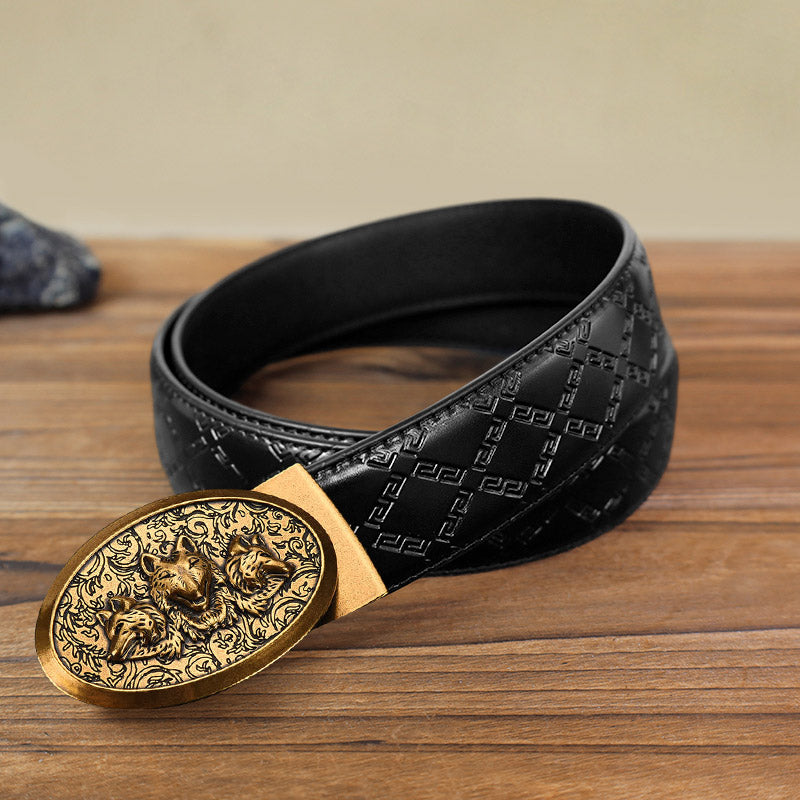 Cinturón de cuero con hebilla automática Hungry Wolves para hombre, hecho a mano