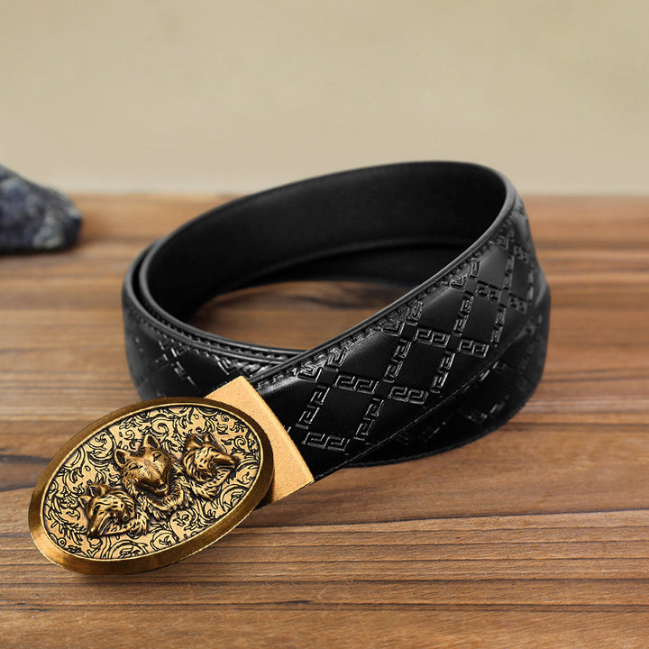 Cinturón de cuero con hebilla automática Hungry Wolves para hombre, hecho a mano