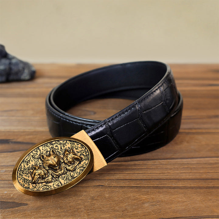 Cinturón de cuero con hebilla automática Hungry Wolves para hombre, hecho a mano