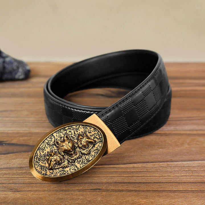 Cinturón de cuero con hebilla automática Hungry Wolves para hombre, hecho a mano