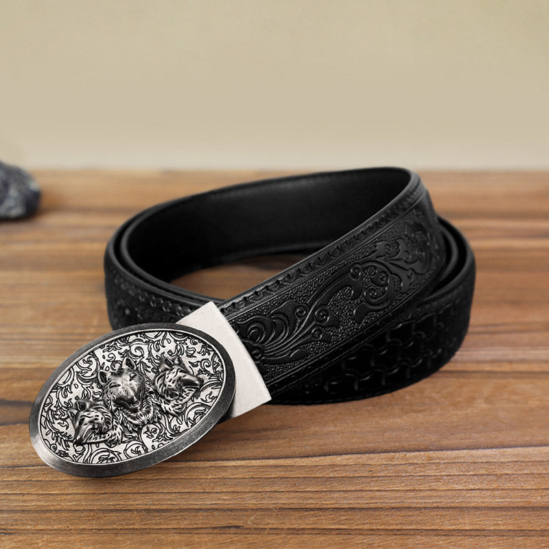 Cinturón de cuero con hebilla automática Hungry Wolves para hombre, hecho a mano