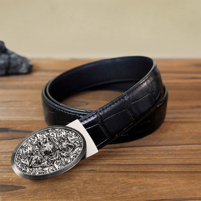 Cinturón de cuero con hebilla automática Hungry Wolves para hombre, hecho a mano