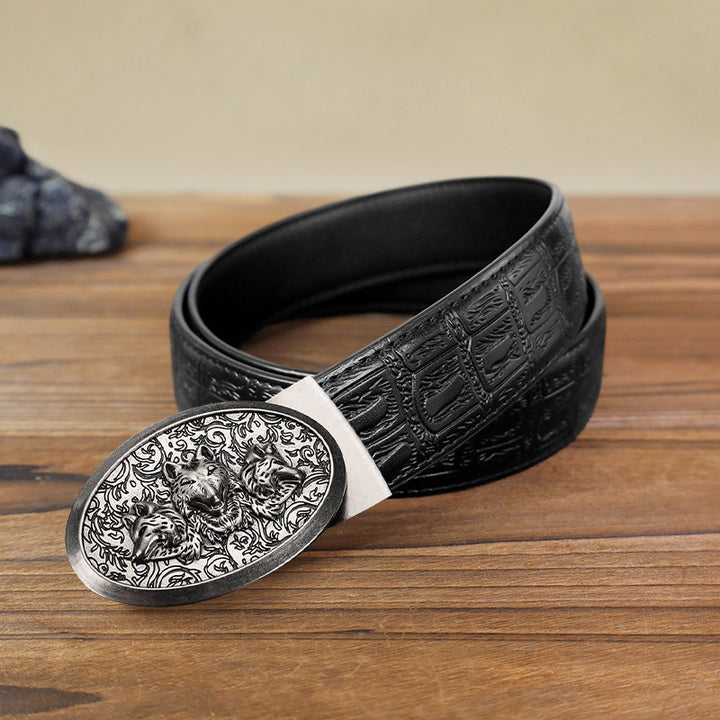 Cinturón de cuero con hebilla automática Hungry Wolves para hombre, hecho a mano