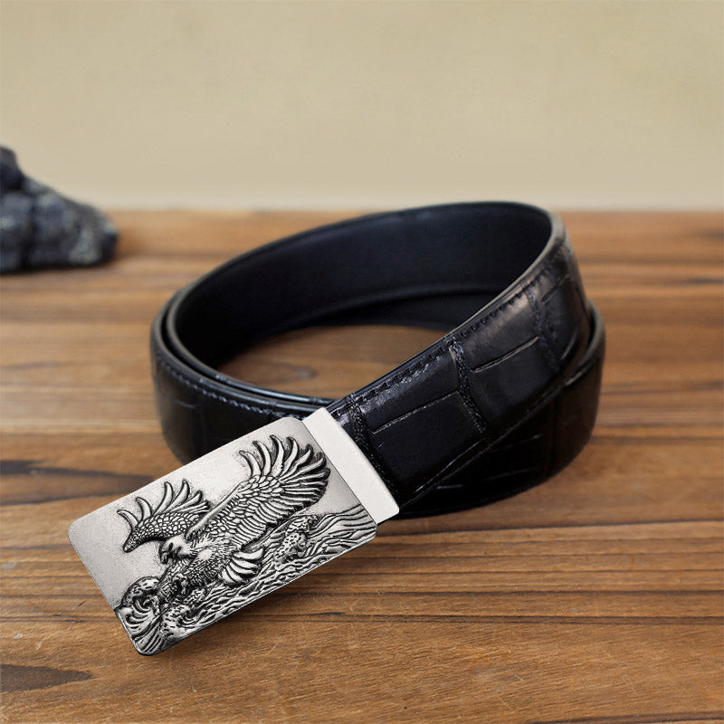 Cinturón de cuero con hebilla automática y alas de águila para hombre, hecho a mano