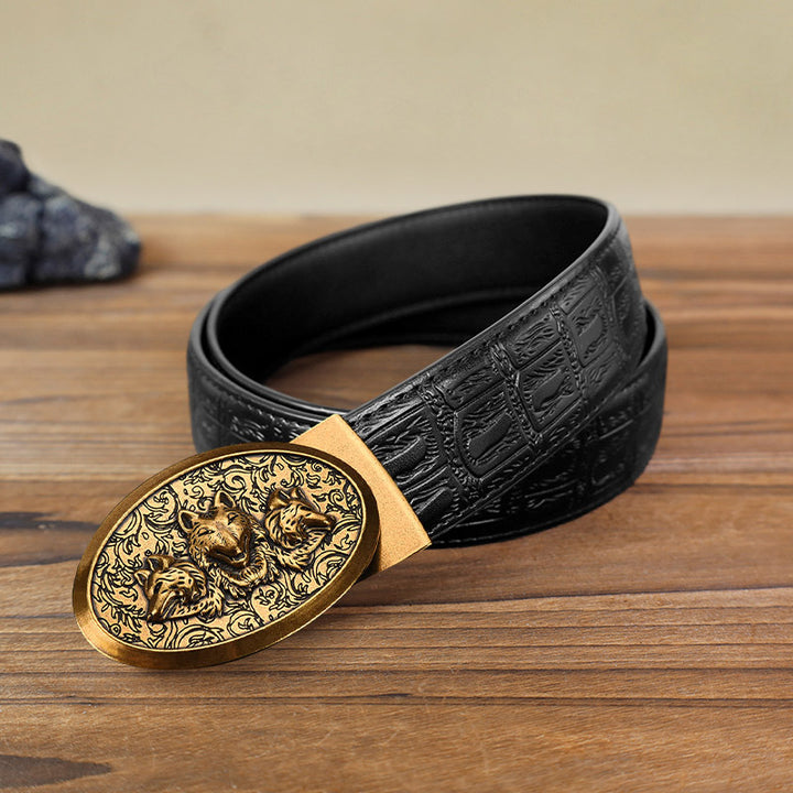 Cinturón de cuero con hebilla automática Hungry Wolves para hombre, hecho a mano