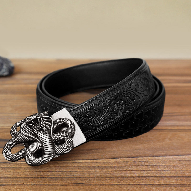 Cinturón de cuero con hebilla automática y diseño de serpiente misteriosa para hombre