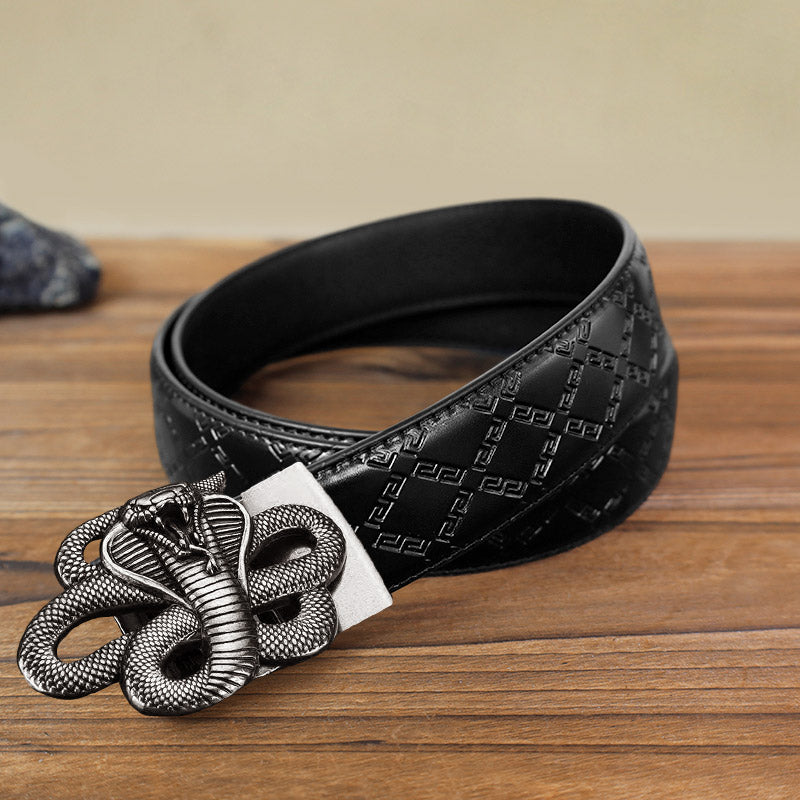 Cinturón de cuero con hebilla automática y diseño de serpiente misteriosa para hombre