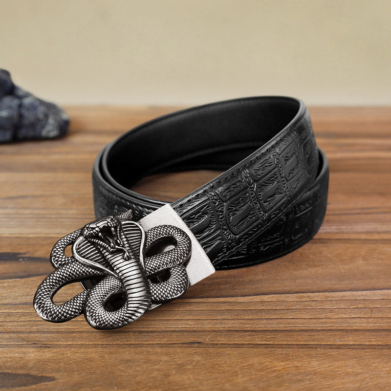 Cinturón de cuero con hebilla automática y diseño de serpiente misteriosa para hombre