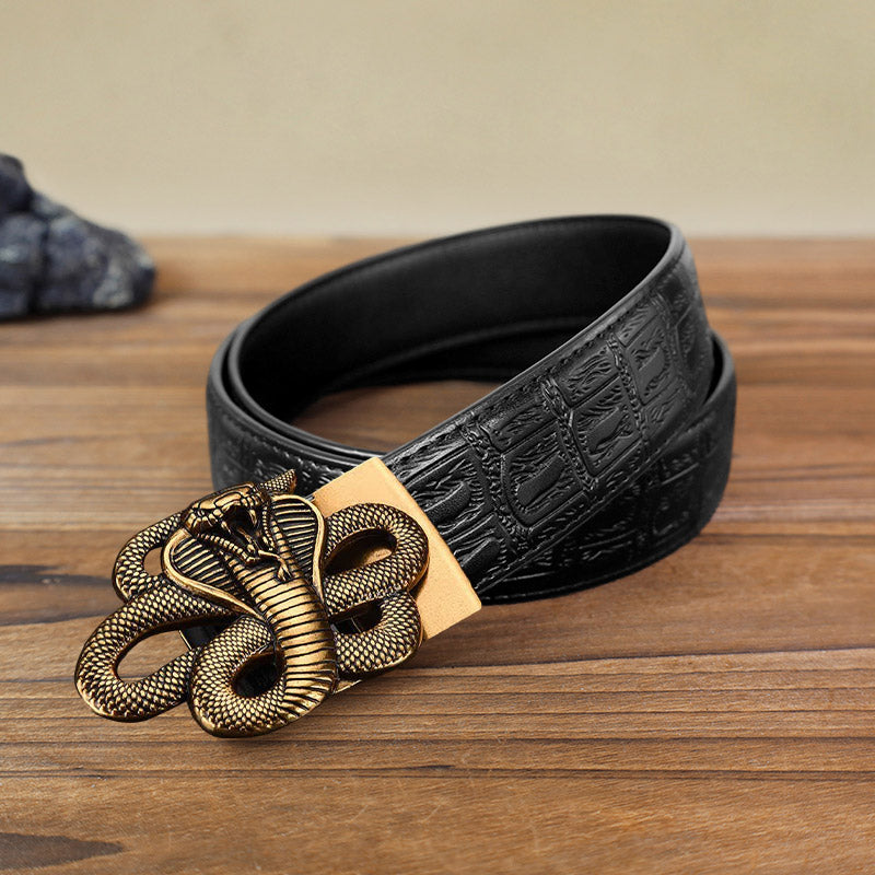 Cinturón de cuero con hebilla automática y diseño de serpiente misteriosa para hombre