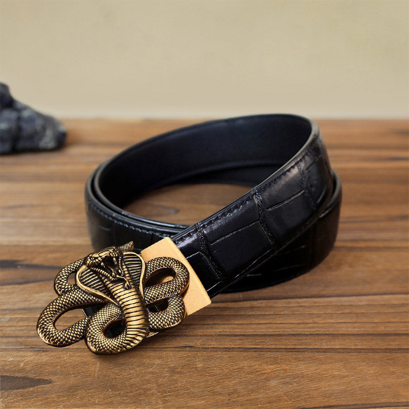 Cinturón de cuero con hebilla automática y diseño de serpiente misteriosa para hombre