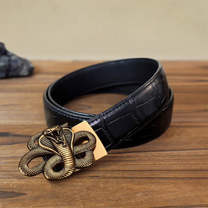 Cinturón de cuero con hebilla automática y diseño de serpiente misteriosa para hombre