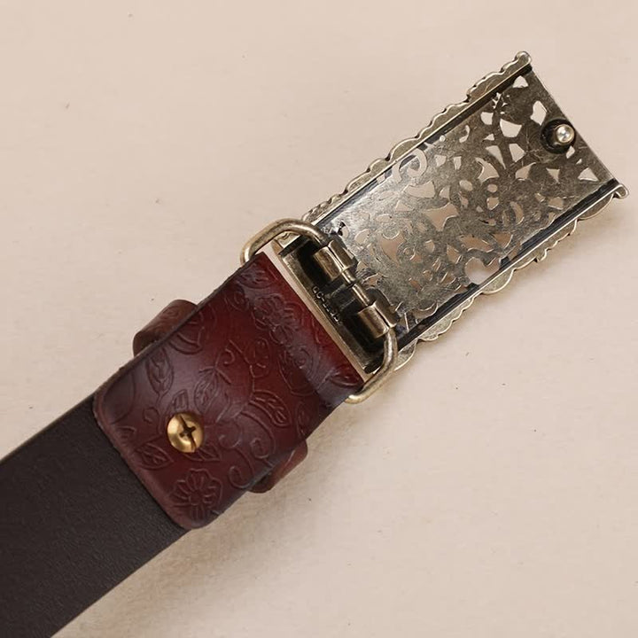 Cinturón de cuero con hebilla de flor hueca en relieve retro para mujer
