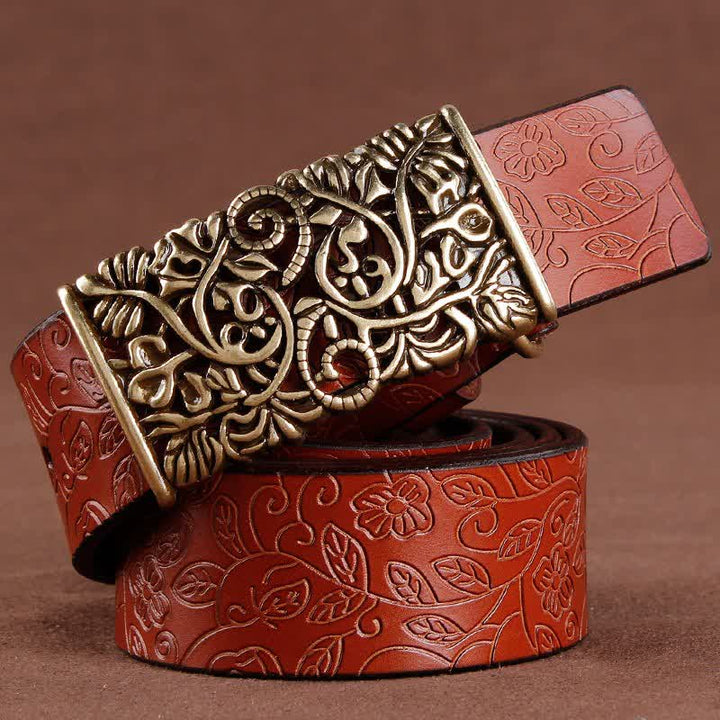 Cinturón de cuero con hebilla de flor hueca en relieve retro para mujer