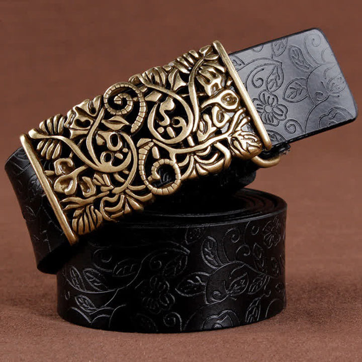 Cinturón de cuero con hebilla de flor hueca en relieve retro para mujer