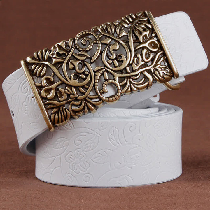 Cinturón de cuero con hebilla de flor hueca en relieve retro para mujer