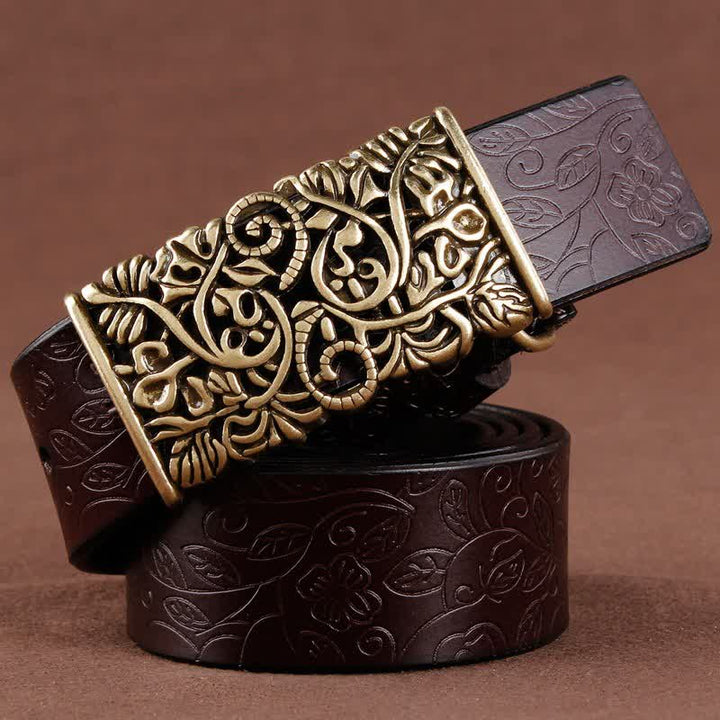 Cinturón de cuero con hebilla de flor hueca en relieve retro para mujer