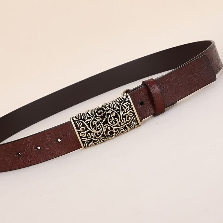 Cinturón de cuero con hebilla de flor hueca en relieve retro para mujer