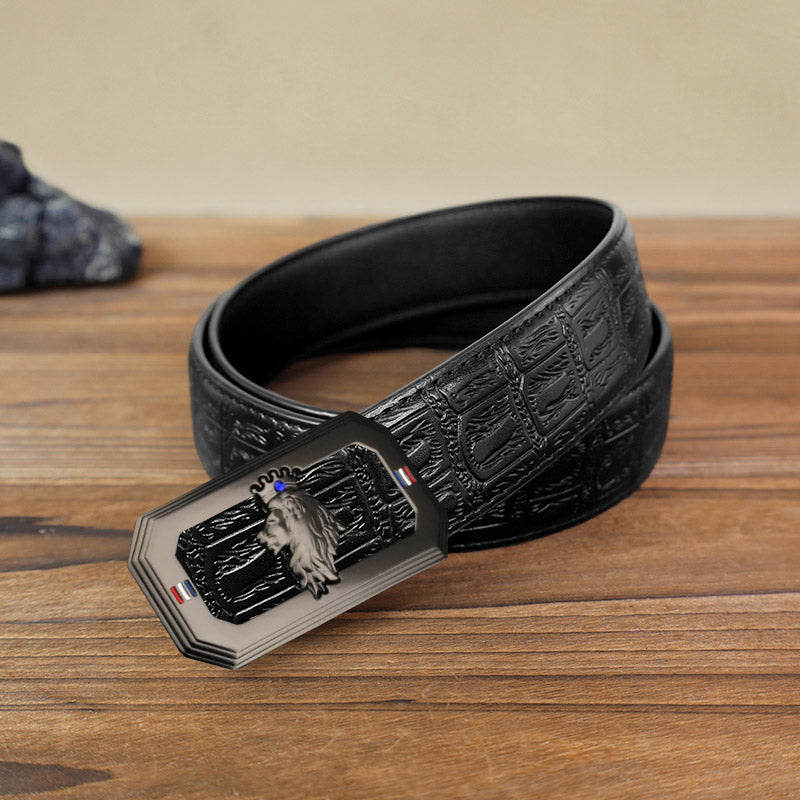 Cinturón de cuero con hebilla automática de cabeza de león para hombre - Gris - Cinturón negro con estampado de serpiente (40) - image 16