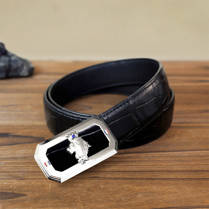 Cinturón de cuero con hebilla automática del Rey León para hombre, hecho a mano