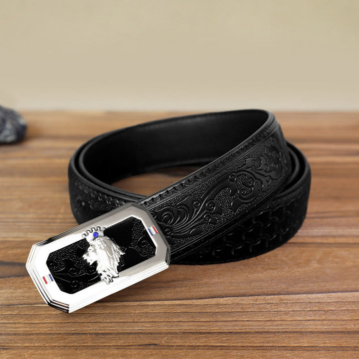 Cinturón de cuero con hebilla automática del Rey León para hombre, hecho a mano