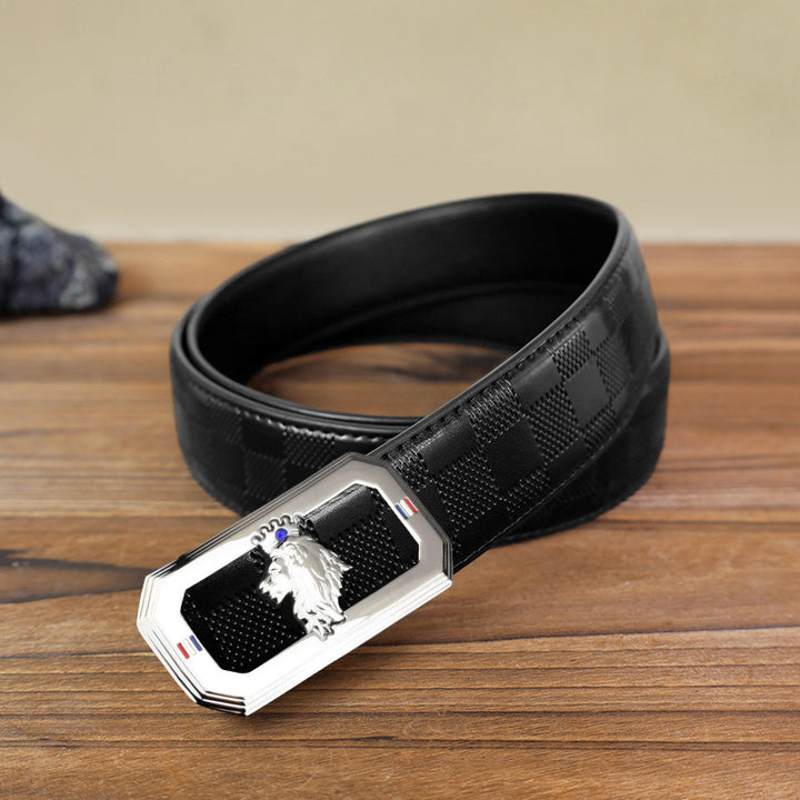 Cinturón de cuero con hebilla automática de cabeza de león para hombre - Plata - Cinturón negro con estampado de cuadros (40) - image 12