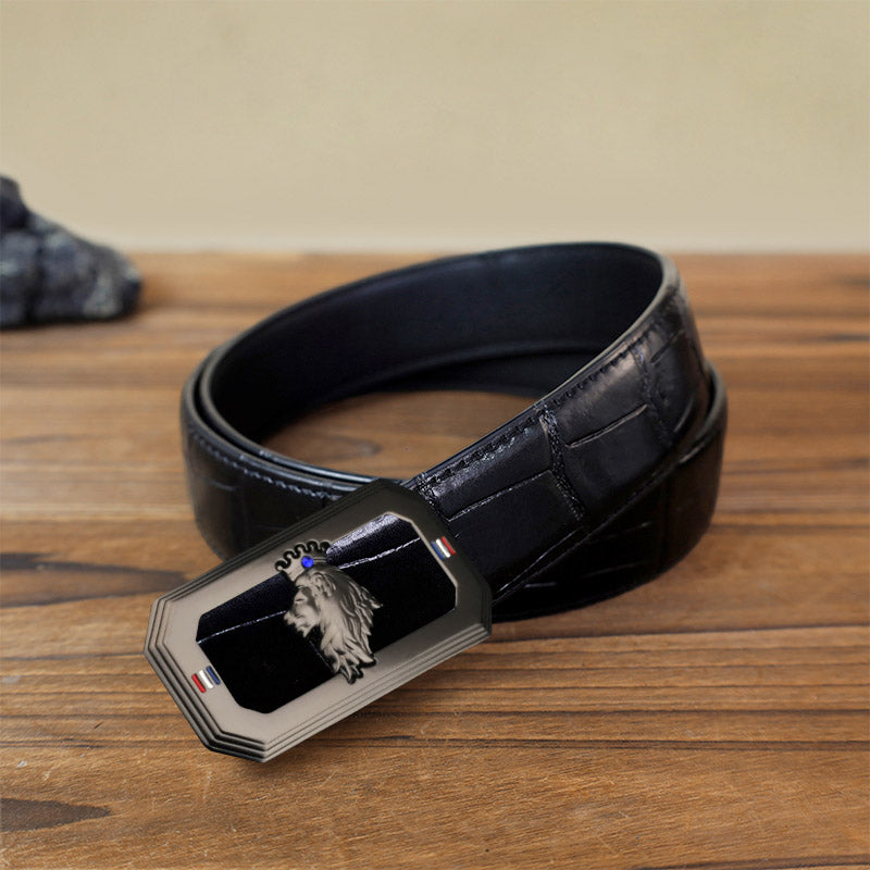 Cinturón de cuero con hebilla automática del Rey León para hombre, hecho a mano