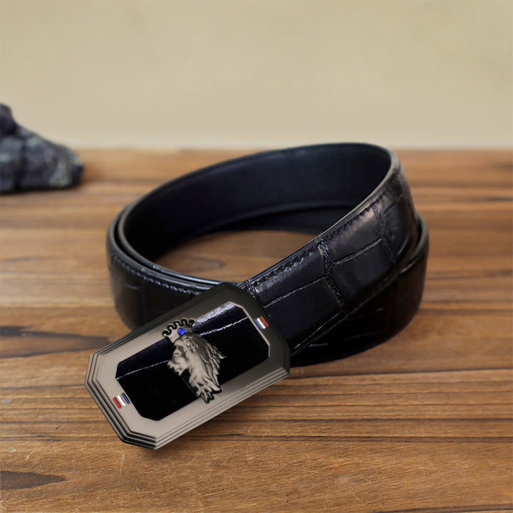 Cinturón de cuero con hebilla automática del Rey León para hombre, hecho a mano