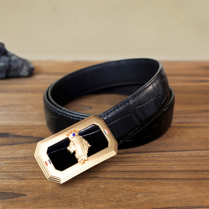 Cinturón de cuero con hebilla automática del Rey León para hombre, hecho a mano