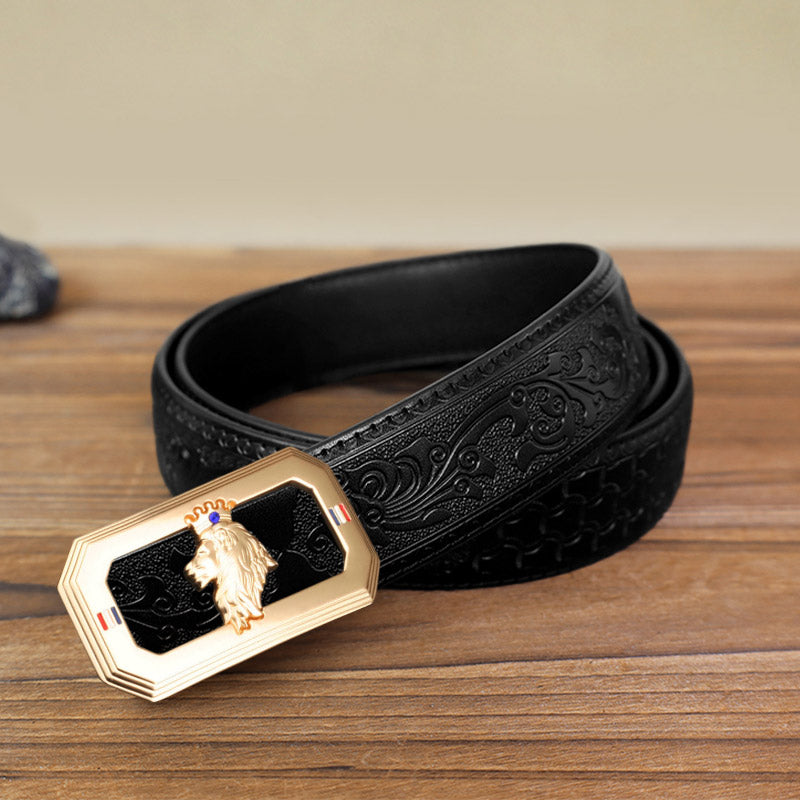 Cinturón de cuero con hebilla automática del Rey León para hombre, hecho a mano