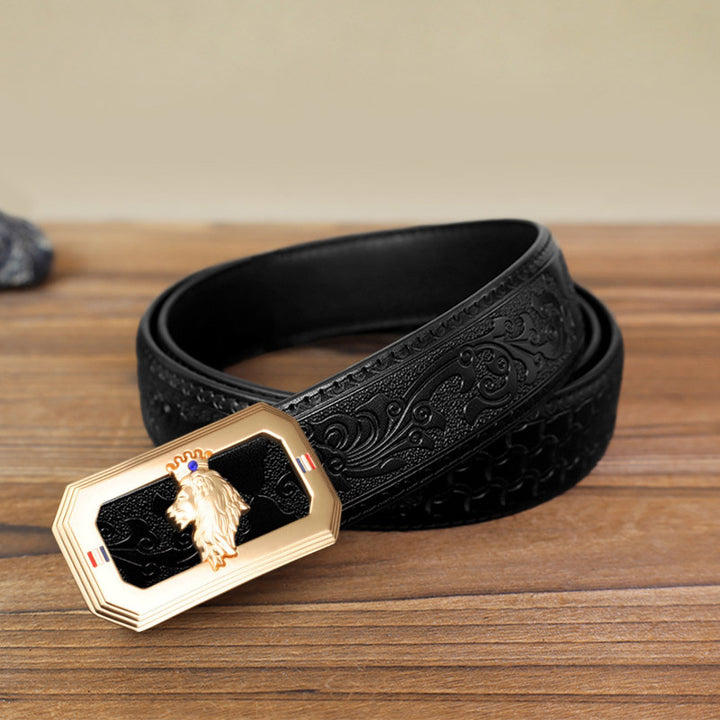 Cinturón de cuero con hebilla automática del Rey León para hombre, hecho a mano