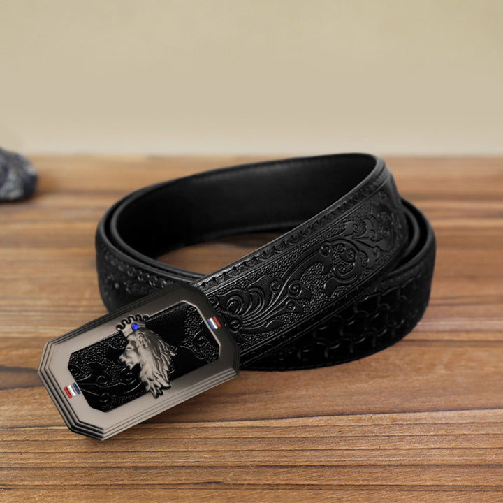 Cinturón de cuero con hebilla automática del Rey León para hombre, hecho a mano