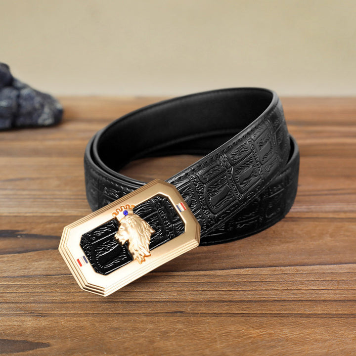 Cinturón de cuero con hebilla automática del Rey León para hombre, hecho a mano