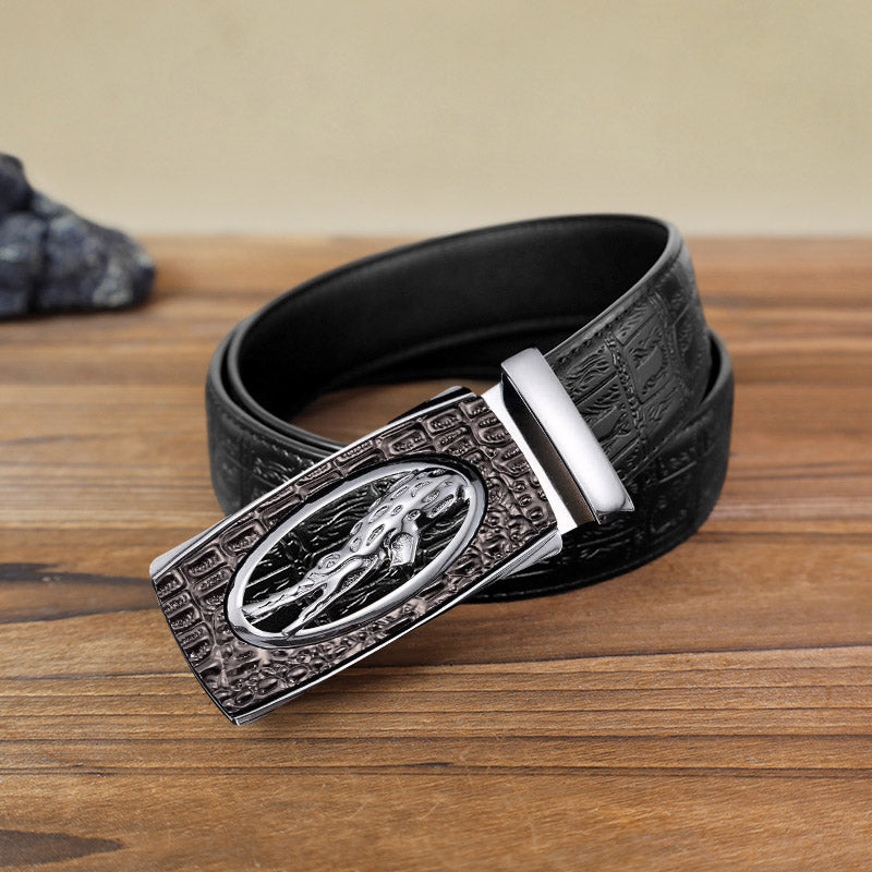 Cinturón de piel con hebilla automática de cocodrilo hueco para hombre hecho a mano