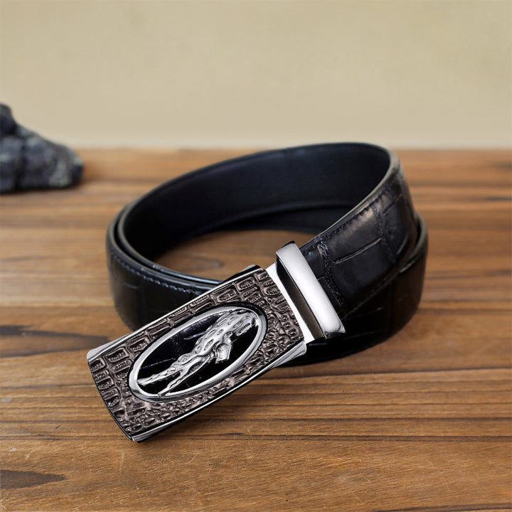 Cinturón de piel con hebilla automática de cocodrilo hueco para hombre hecho a mano