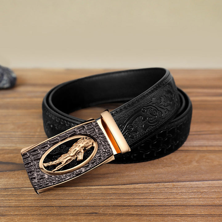 Cinturón de piel con hebilla automática de cocodrilo hueco para hombre hecho a mano