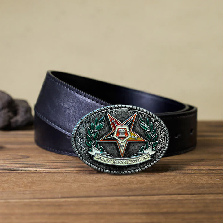 Cinturón de cuero con hebilla de estrella del este y pentagrama para hombre hecho a mano