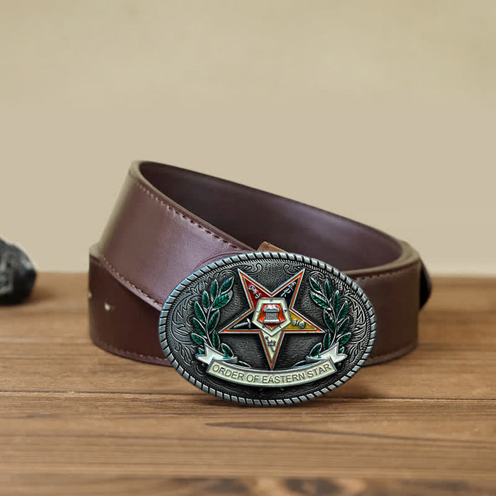 Cinturón de cuero con hebilla de estrella del este y pentagrama para hombre hecho a mano