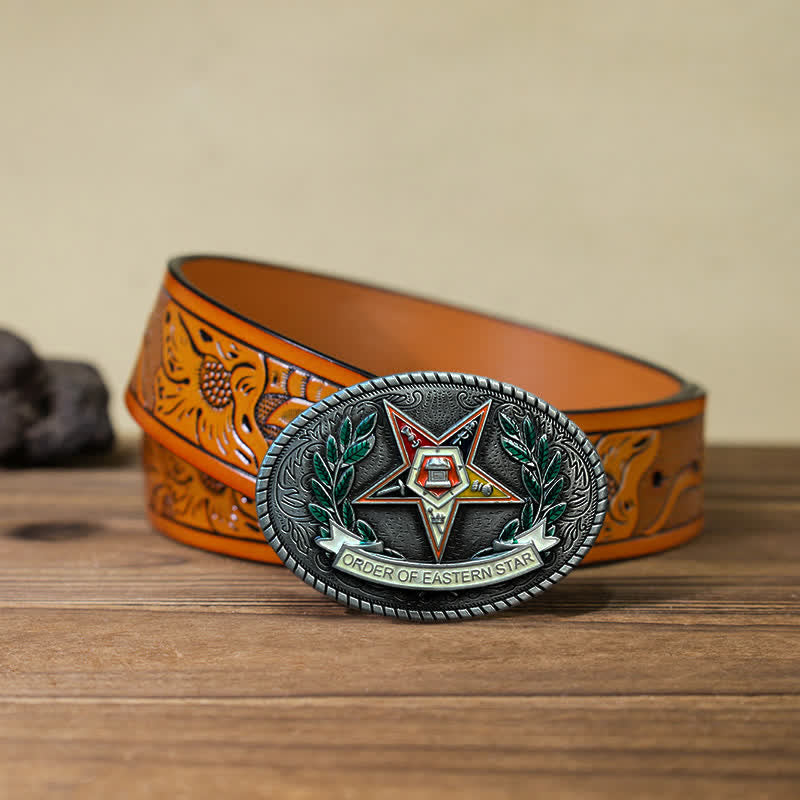 Cinturón de cuero con hebilla de estrella del este y pentagrama para hombre hecho a mano