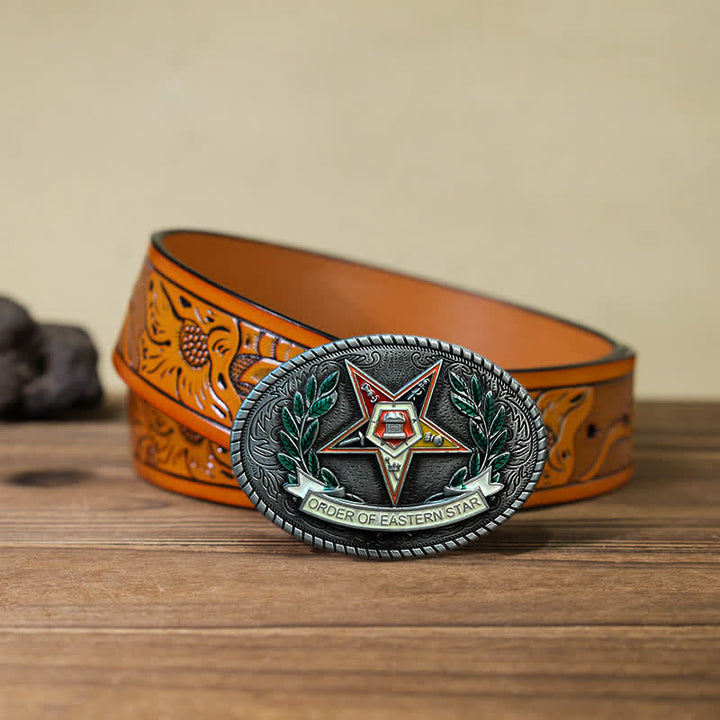 Cinturón de cuero con hebilla de estrella del este y pentagrama para hombre hecho a mano