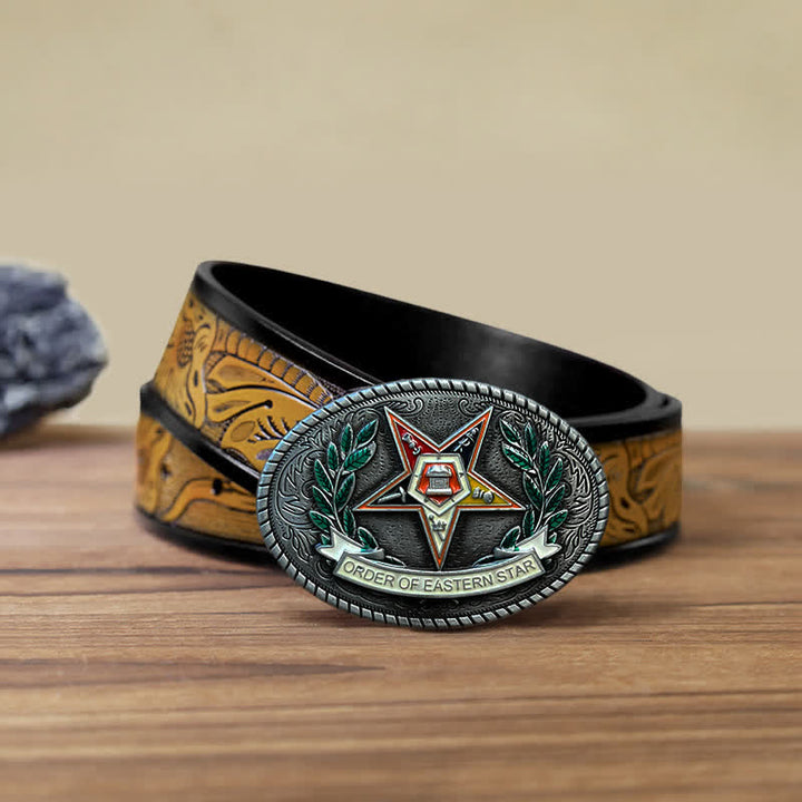 Cinturón de cuero con hebilla de estrella del este y pentagrama para hombre hecho a mano