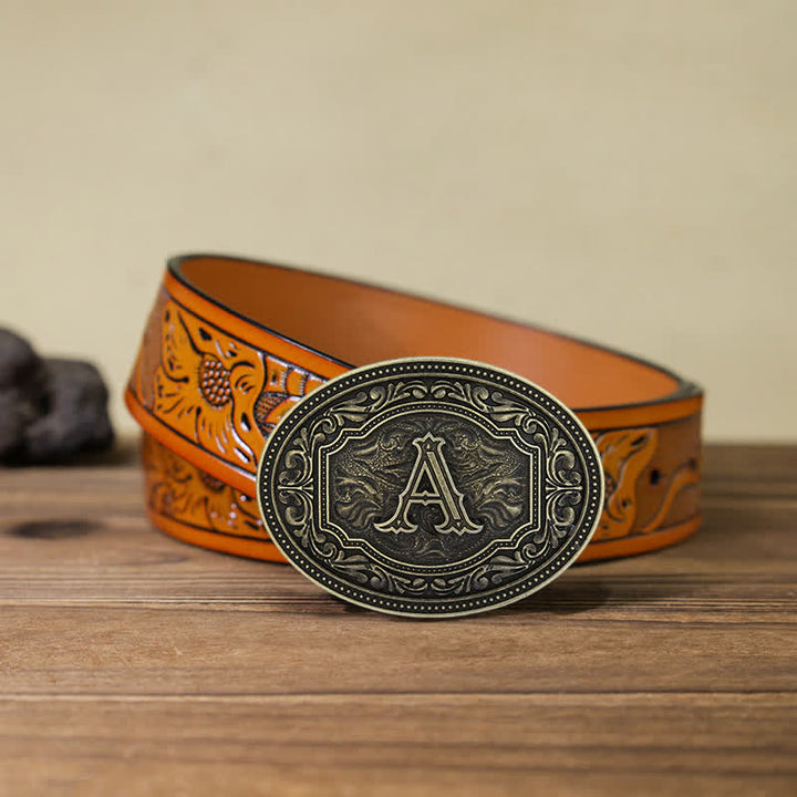 Cinturón de cuero con hebilla y estampado de letras iniciales para hombre hecho a mano