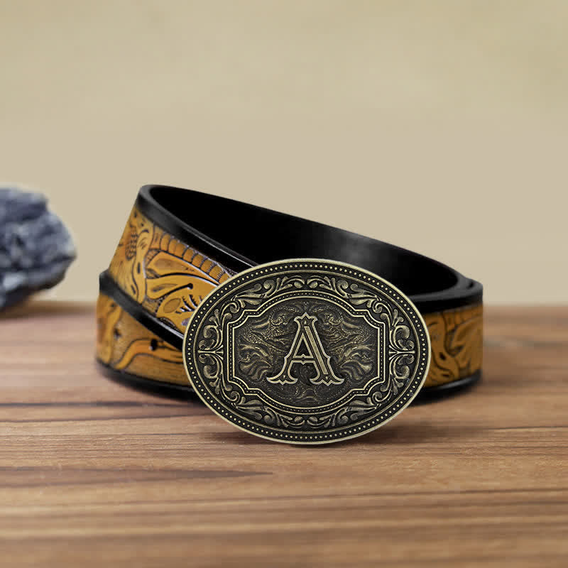 Cinturón de cuero con hebilla y estampado de letras iniciales para hombre hecho a mano