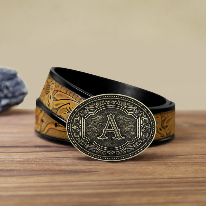 Cinturón de cuero con hebilla y estampado de letras iniciales para hombre hecho a mano