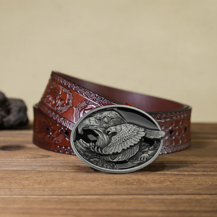 Cinturón de cuero con hebilla en relieve de águila doble para hombre hecho a mano