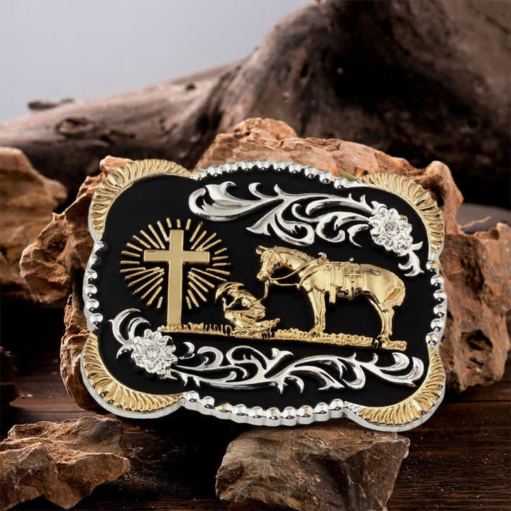 Cinturón de cuero con hebilla de oración de rodillas para hombre, hecho a mano, con oro