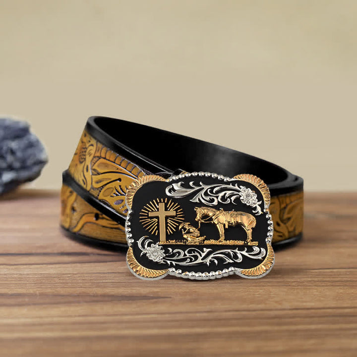 Cinturón de cuero con hebilla de oración de rodillas para hombre, hecho a mano, con oro