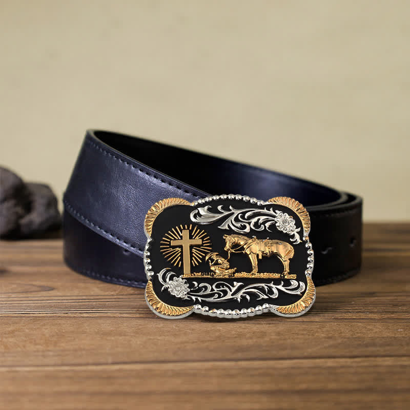 Cinturón de cuero con hebilla de oración de rodillas para hombre, hecho a mano, con oro