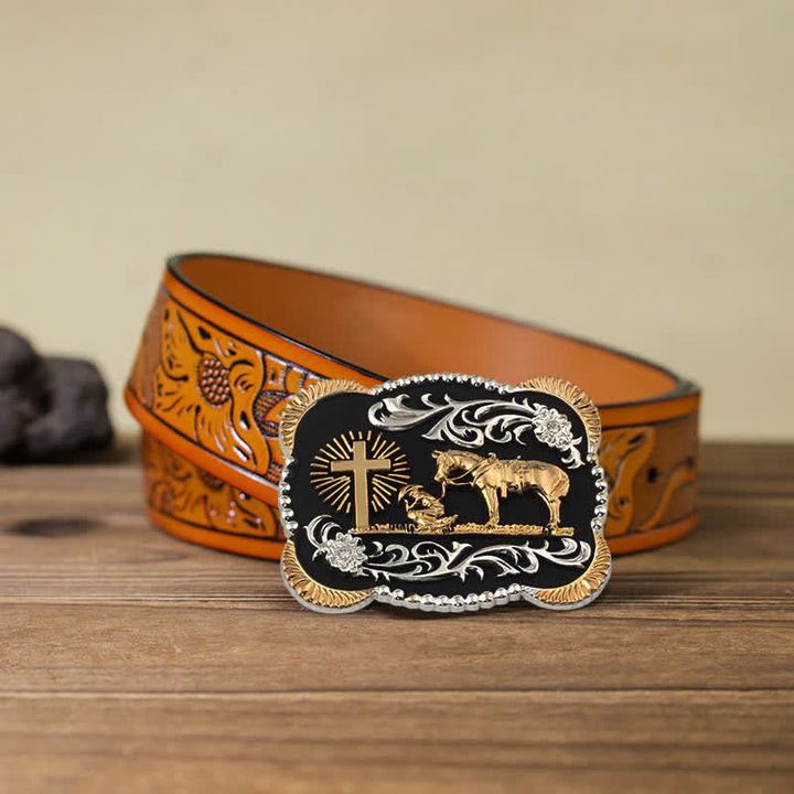 Cinturón de cuero con hebilla de oración de rodillas para hombre, hecho a mano, con oro