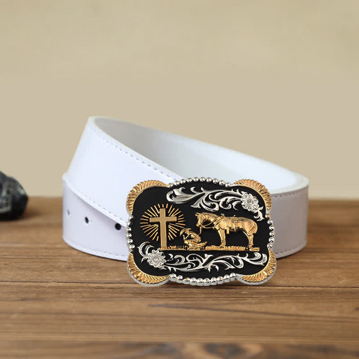 Cinturón de cuero con hebilla de oración de rodillas para hombre, hecho a mano, con oro