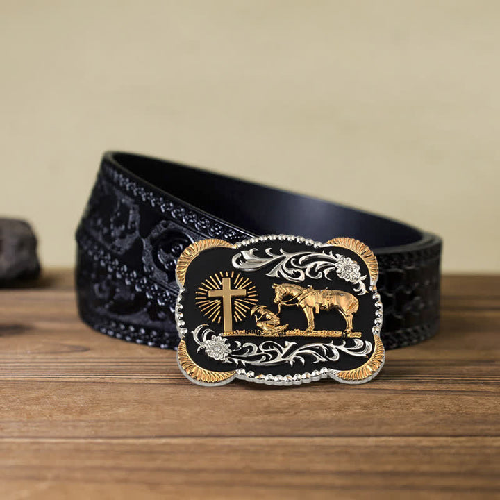 Cinturón de cuero con hebilla de oración de rodillas para hombre, hecho a mano, con oro